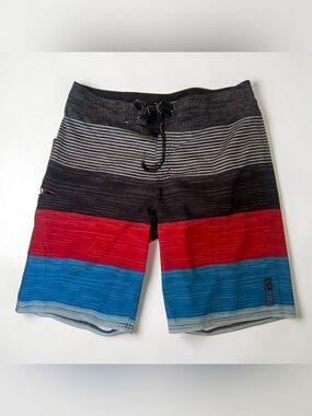 Rusty Red Blue Black Striped Surf Board Shorts Bottle Opener Swimwear Men 33